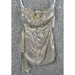 Womens Strapless Mini Dress Gold Sequin Size 2 Short Bodycon Side Ruffle Prom